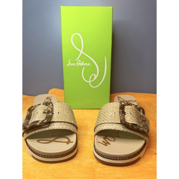 Sam Edelman Shoes - Sam Edelman Tan Raffia Slide Sandals with Tortoiseshell Buckles